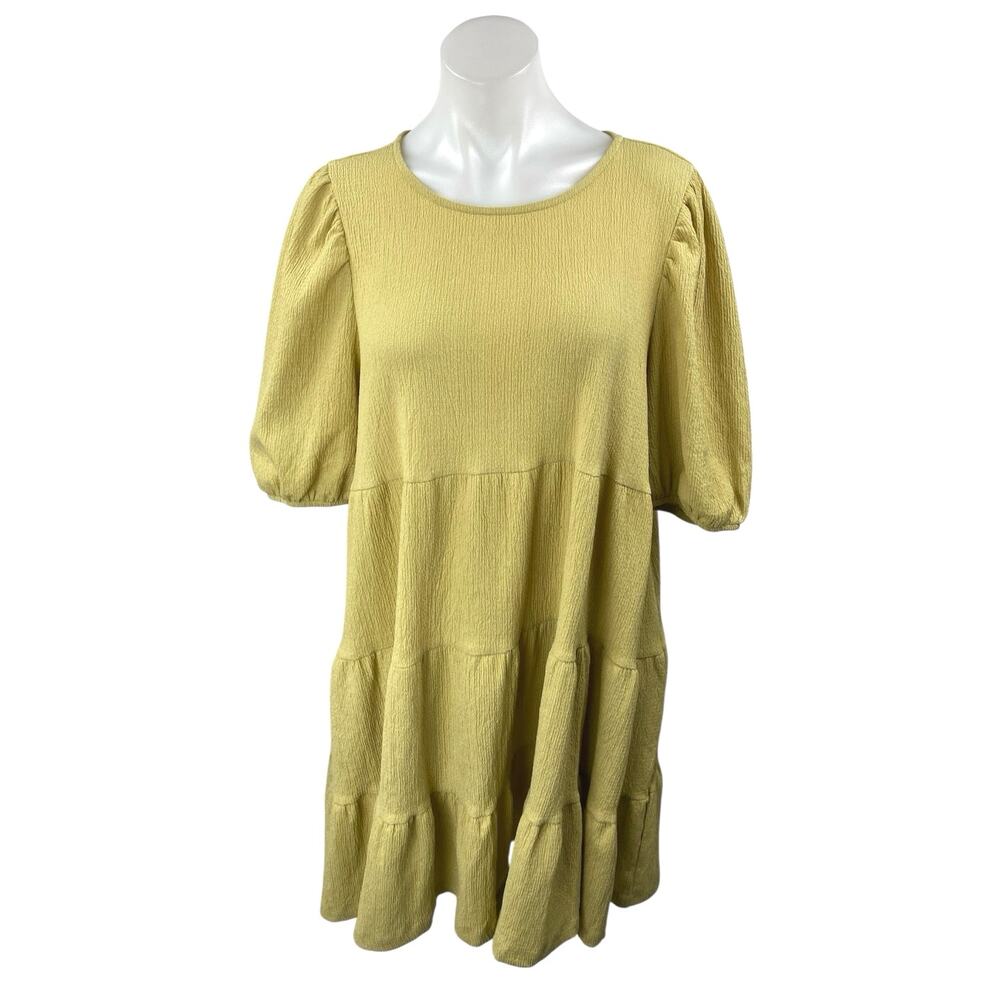 MONKL Green Half Puff Sleeve Textured Tiered Ruffle Mini Shift Dress Size XL